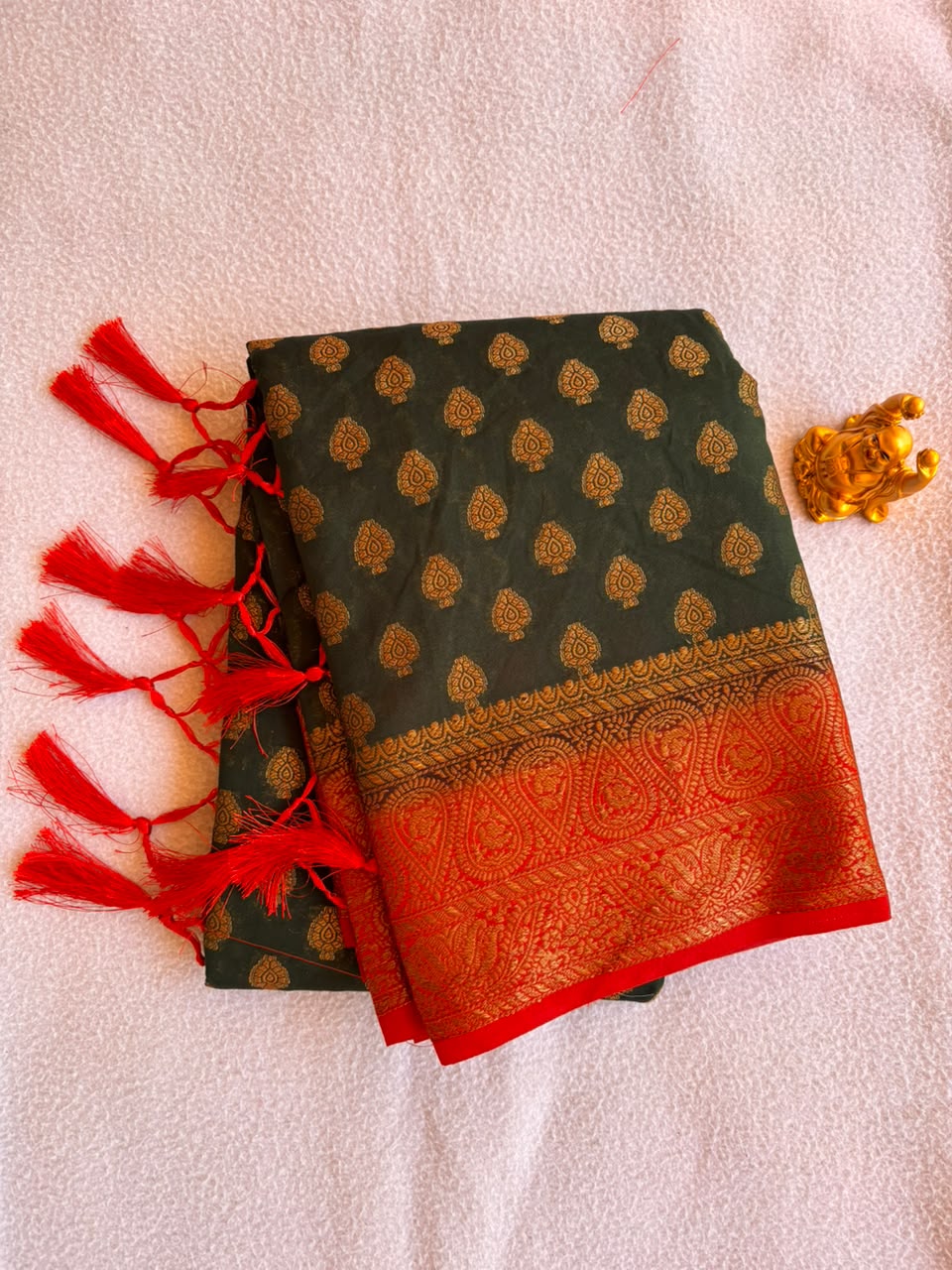 Bottle Green & Crimson Red Semi Banarasi Soft Silk Saree  SBB008