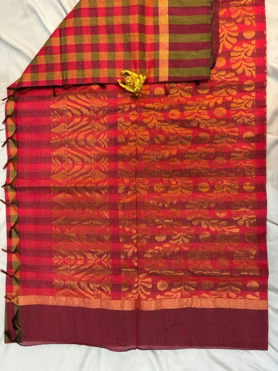 Crimson Red & Olive Green Checked Kalyani Cotton Saree - KLC006